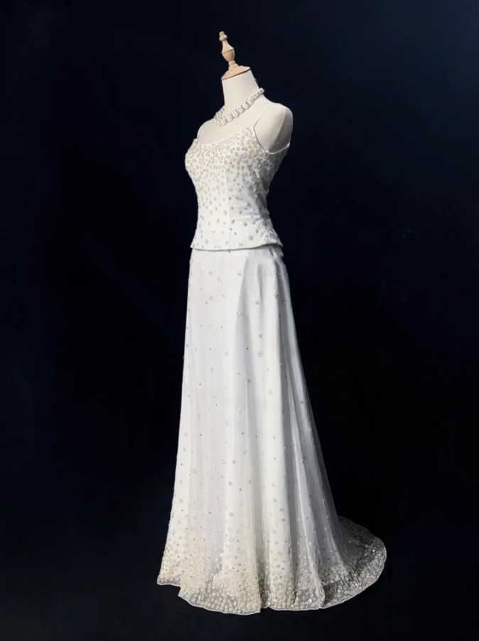 Elegant Spaghetti Straps White Tulle Beaded Mermaid Evening Dress Long 17th Birthday Outfits SP1783