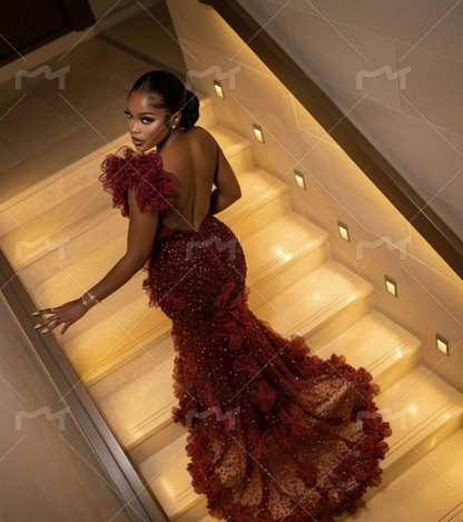 Luxurious Burgundy One Shoulder Sequin Tulle Beaded Mermaid Long Party Dress Formal Birthday Prom Dress SP1367