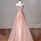Glitter Pink Tulle Sequins Beaded Prom Dress,Spaghetti Straps A Line Evening Dress Y8619