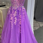 Purple V Neck Tulle Lace Appliques Long Prom Dress, High Slit Evening Dress Y7847