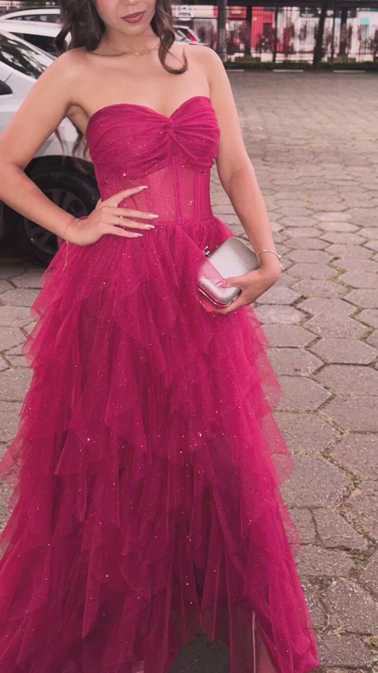 Pretty Sweetheart Neck Hot Pink Tulle Sequin Long Party Dress Birthday Prom Dresses SP3953