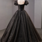 Black Square Neckline Tulle Long Prom Dress, Shiny Black Evening Dresses Y4386