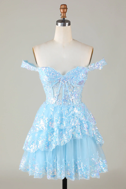Sparkly Blue Corset Tiered Lace A-Line Short Homecoming Dress Y4083