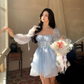 Blue A-line Princess Dress,Blue Long Sleeves Homecoming Dress,Blue Fairy Dress Y6083