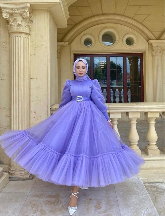 Simple A-line Puff Tulle Prom Dress,Muslim Dress Y6989
