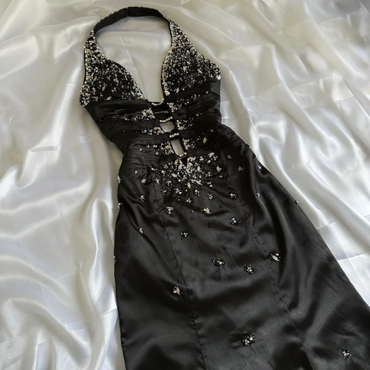 Stylish Black Satin Beaded Mermaid Long Evening Dress Birthday Party Dress Y9771