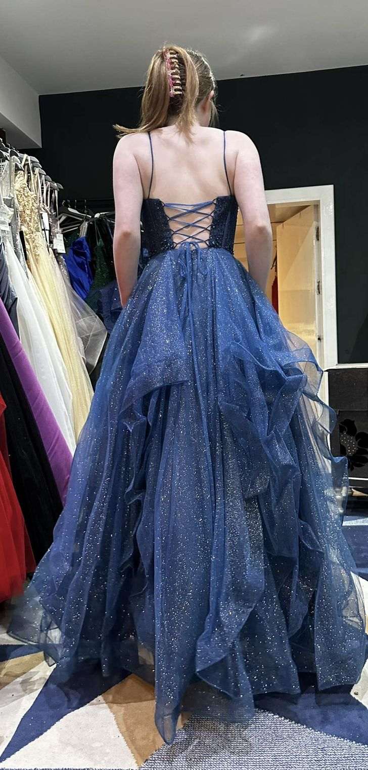 Glitter Spaghetti Straps Navy Blue Tulle Sequin Appliques Long Party Dress Birthday Dress SP2169