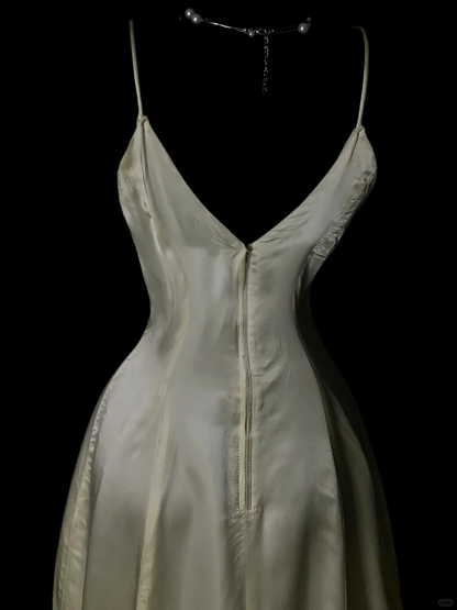 Vintage V Neck Spaghetti Strap Satin Lace Mermaid Party Dress Ivory Long Birthday Prom Dress SP4046