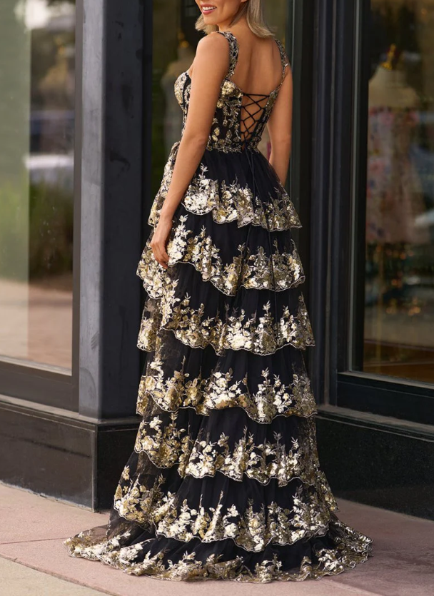 Sparkly Off The Shoulder Black Tulle Appliques Slit Prom Dress,Layered Long Prom Dress Y8428