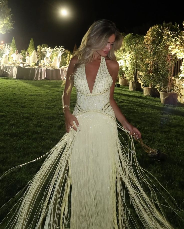 Glamorous Yellow Halter Beaded Tassel Long Birthday Prom Gown Party Dress SP1116