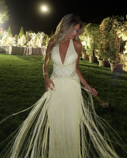 Glamorous Yellow Halter Beaded Tassel Long Birthday Prom Gown Party Dress SP1116