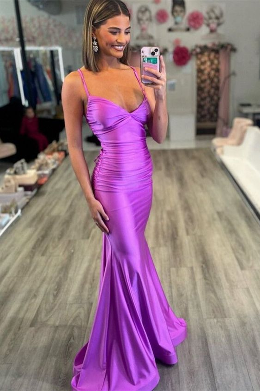 Sexy Purple V-Neck Lace-Up Back Mermaid Long Prom Dress  Y7277
