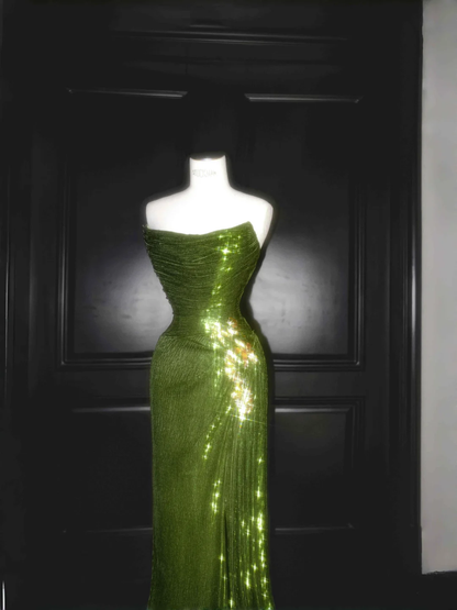 Unique Strapless Green Sequin Prom Dress,Long Mermaid Evening Dress Y8659