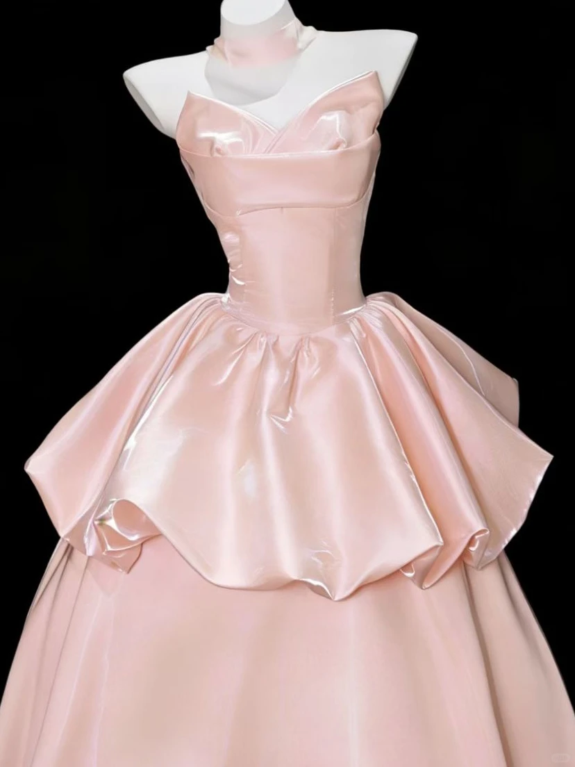 Pretty Strapless Pink Satin A Line Long Party Dress Prom Dress SP2541