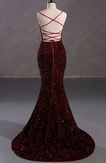 Slim Burgundy Shimmery Open Back Formal Prom Evening Dress Y4164