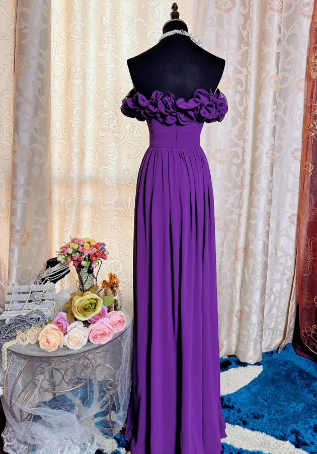 Classy Purple Ruffles Strapless Chiffon Long Prom Dress Evening Gown SP1895