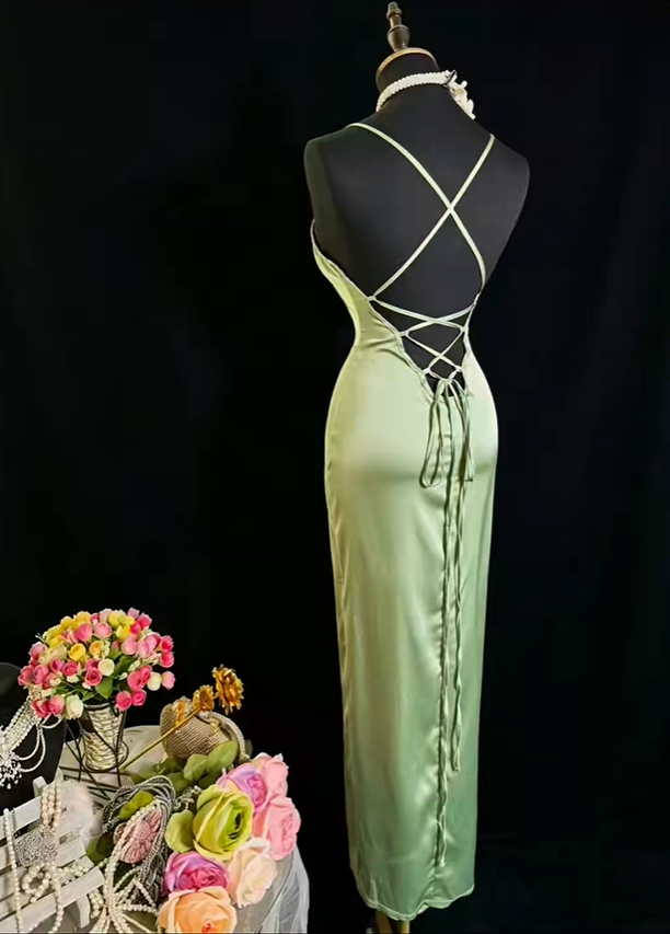 Sexy Spaghetti Straps Sheath Satin Slit Evening Dress Sage Green Backless Long Wedding Guest Dress SP2377