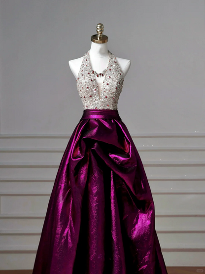 Classy Halter Purple Beaded Satin A Line Prom Dress Long Evening Dress Y8609