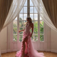 Chic Pink Strapless Long Prom Dress with 3D Flowers Y2723