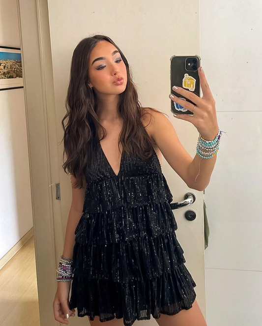 Sparkly V Neck Sequin Layered Short 9th Grade Homecoming Dress,Black Mini Birthday Dress SP2969