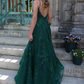 A Line V Neck Green Lace Long Prom Dresses, Green Lace Formal Dresses, Green Evening Dresses Y4079