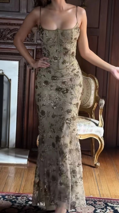 Vintage Spaghetti Straps Lace Sequin Beaded Mermaid Long Party Dress Birthday Outfits SP856