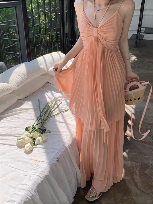 Classy Pink Orange Spaghetti Straps V Neck Chiffon Pleated Layered A Line Long Evening Dress Prom Dress SP2293