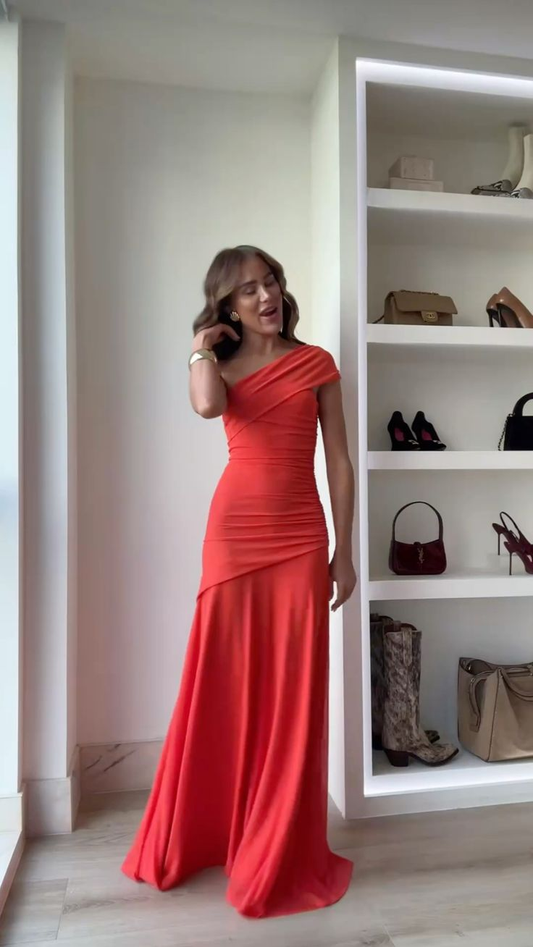 Elegant One Shoulder Orange Chiffon Mermaid Long Prom Dress Evening Gown SP1052