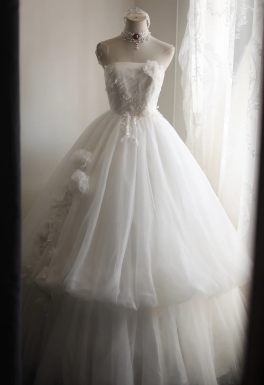 Sweet Strapless Tulle Beaded Appliques Double Layered White Long Wedding Dress SP1209