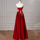 Gorgeous Red Satin Sequin Embroidery A Line Prom Dress,Strapless Evening Dress Y8631