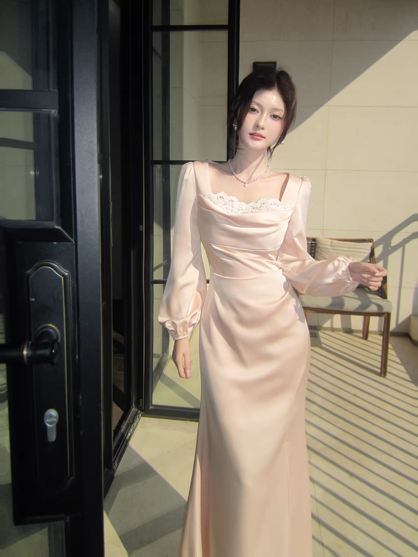 Sweet Lace Neck Pink Satin Mermaid Long Wedding Dress Formal Evening Dress Birthday Dress SP1541