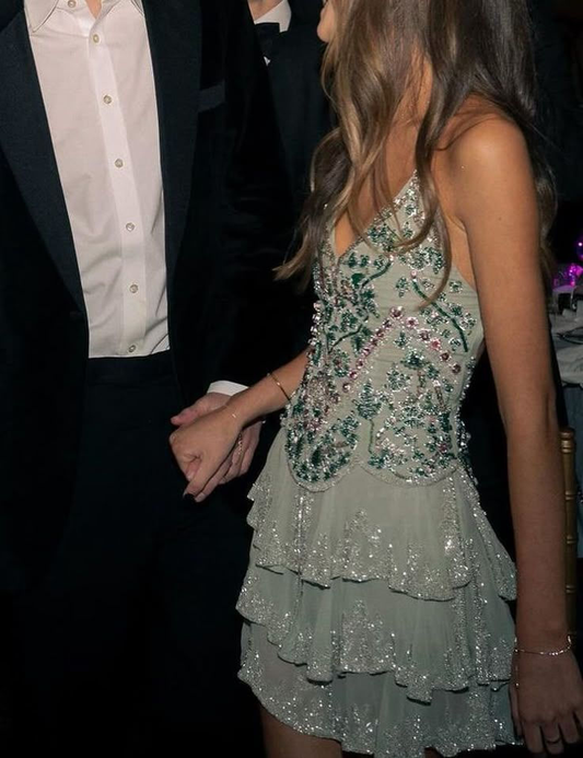 Sparkly Spaghetti Straps A Line Mint Green Chiffon Sequin Beaded Formal Homecoming Dress Cocktail Dress Y9262