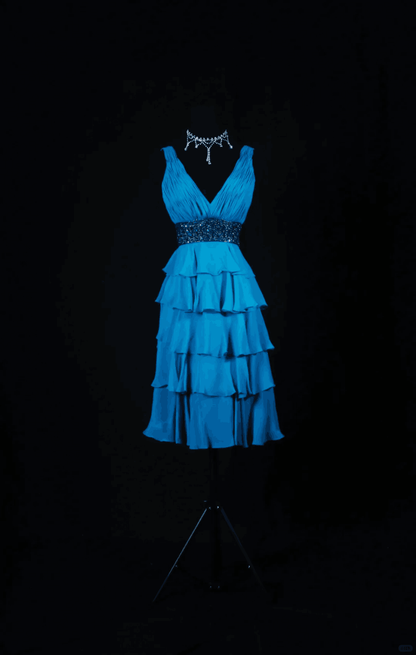 Classy Blue V Neck Satin Layered Sequin Beaded A Line Short Graduation Homecoming Dress Cocktail Dress SP2832