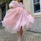 pink princess prom dress, puff sleeves organza dress, classic simple elegant dress Y6910