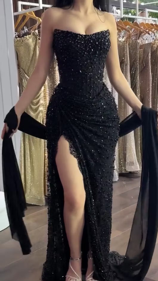 Elegant Black Strapless Tulle Beaded High Slit Mermaid Party Dress Long Prom Dress SP3277