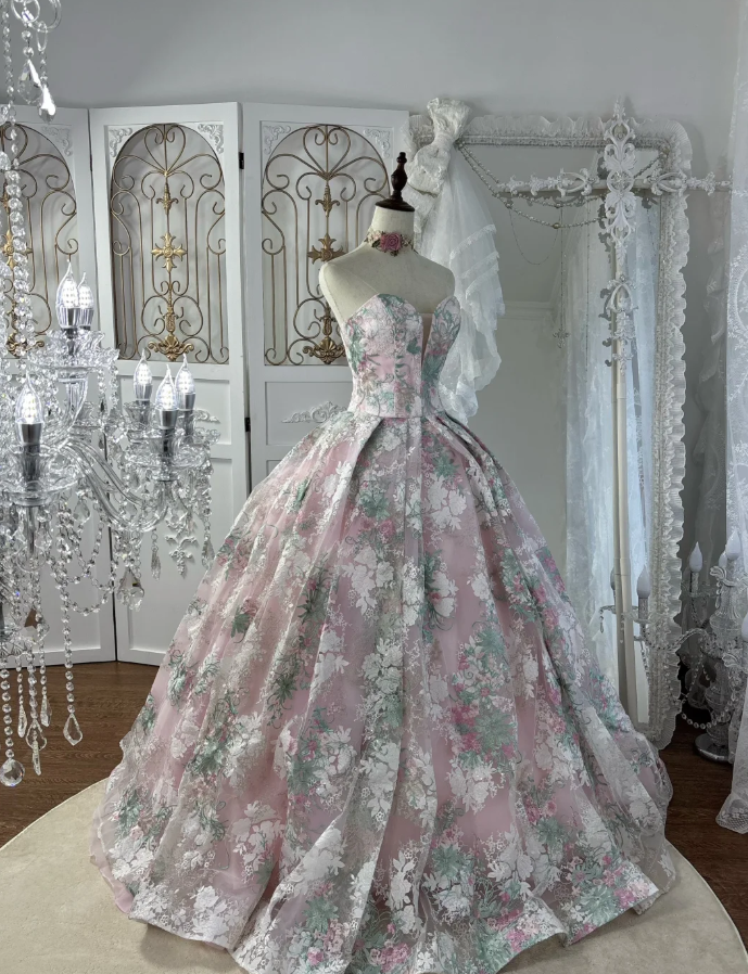 Pretty Strapless Pink Lace Floral Sequin Quinceanera Dress Sweet 16 Dress SP1778