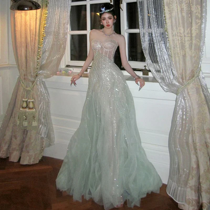Gorgeous Strapless A Line Birthday Party Dress,Light Green Tulle Sequins Evening Dress Y8713
