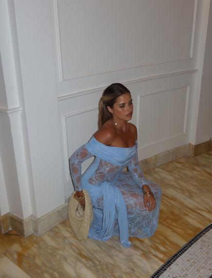 Charming Off The Shoulder Blue Lace Satin Mermaid Long Party Dress Birthday Prom Gown SP1343