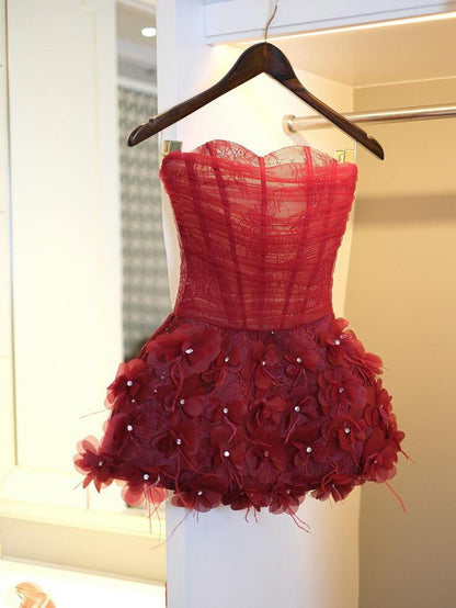 Elegant Sweetheart Neck Burgundy Lace Tulle Floral Short 6th Grade Homecoming Dress Birthday Outfits SP2417
