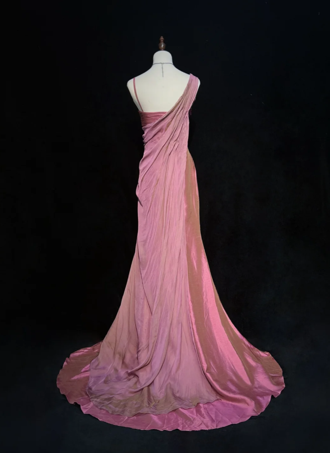 Pretty Spaghetti Straps Pink Neck Satin Pleated Mermaid Long Wedding Guest Dress Party Gown SP1282