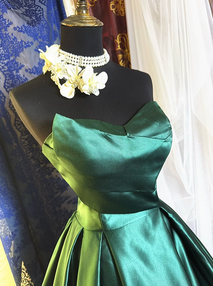 Retro Green Strapless Satin Pleated Ball Gown Long Party Dress Prom Dress SP2194