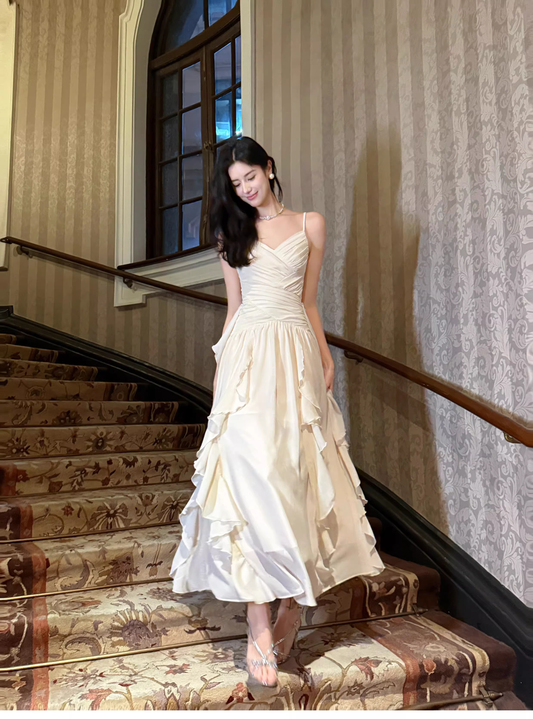 Classy White Spaghetti Straps Chiffon Ruffles Long Wedding Guest Dress Party Dress SP2011