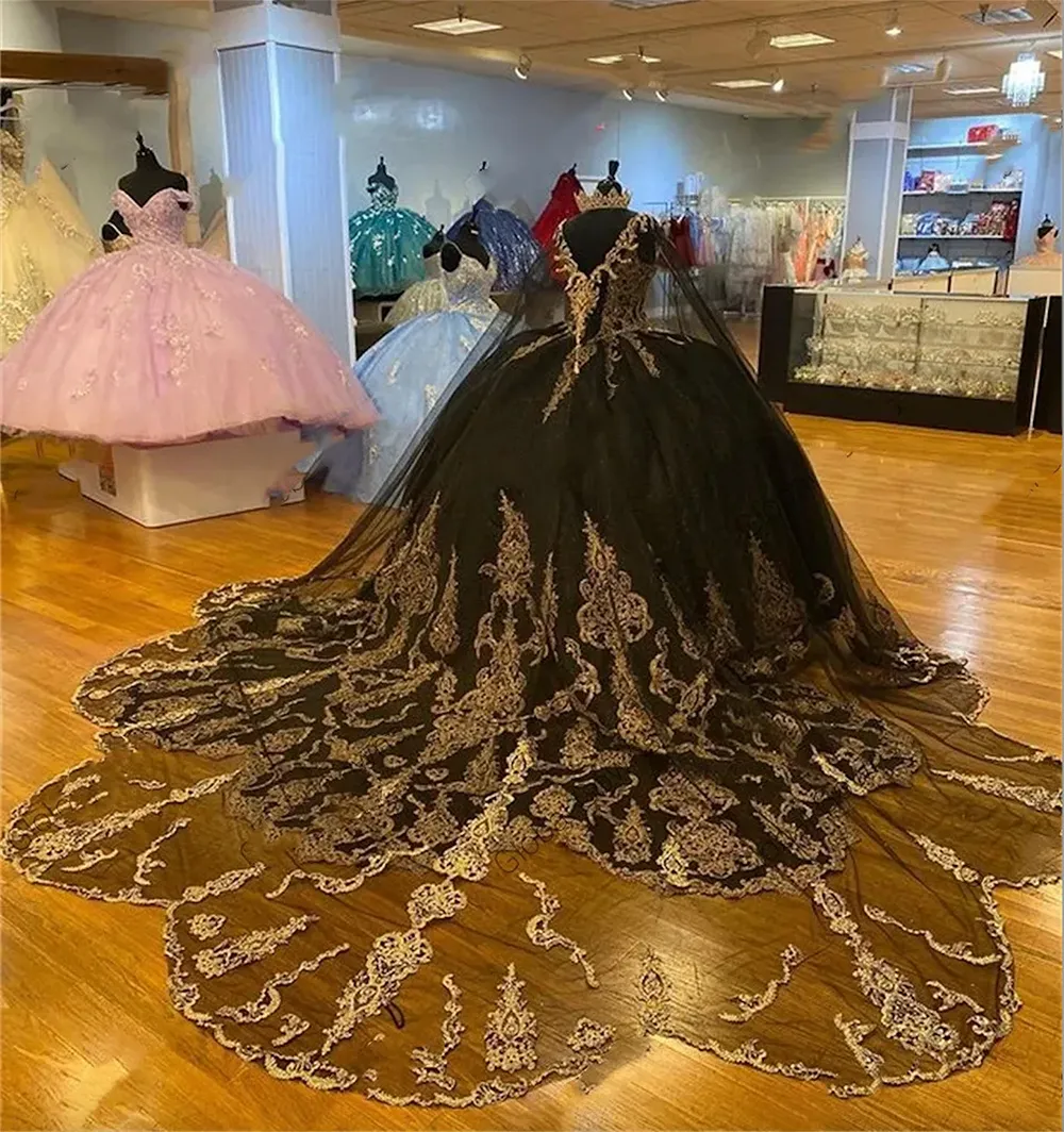 Beading Quinceanera Dresses Sequin Applique Princess Ball Gown With Cape Y1516