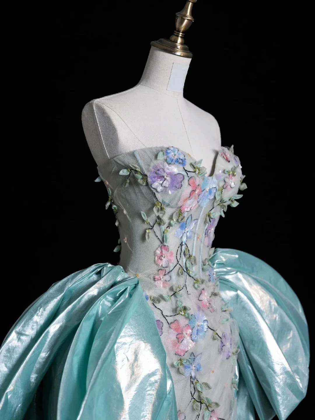 Charming Strapless Tulle Floral Mermaid Long Party Dress Mint Green Long Evening Dresses SP4102