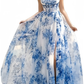 Glam Blue Chiffon Print Floral Slit Prom Dress Spaghetti Straps Evening Gown Y8277