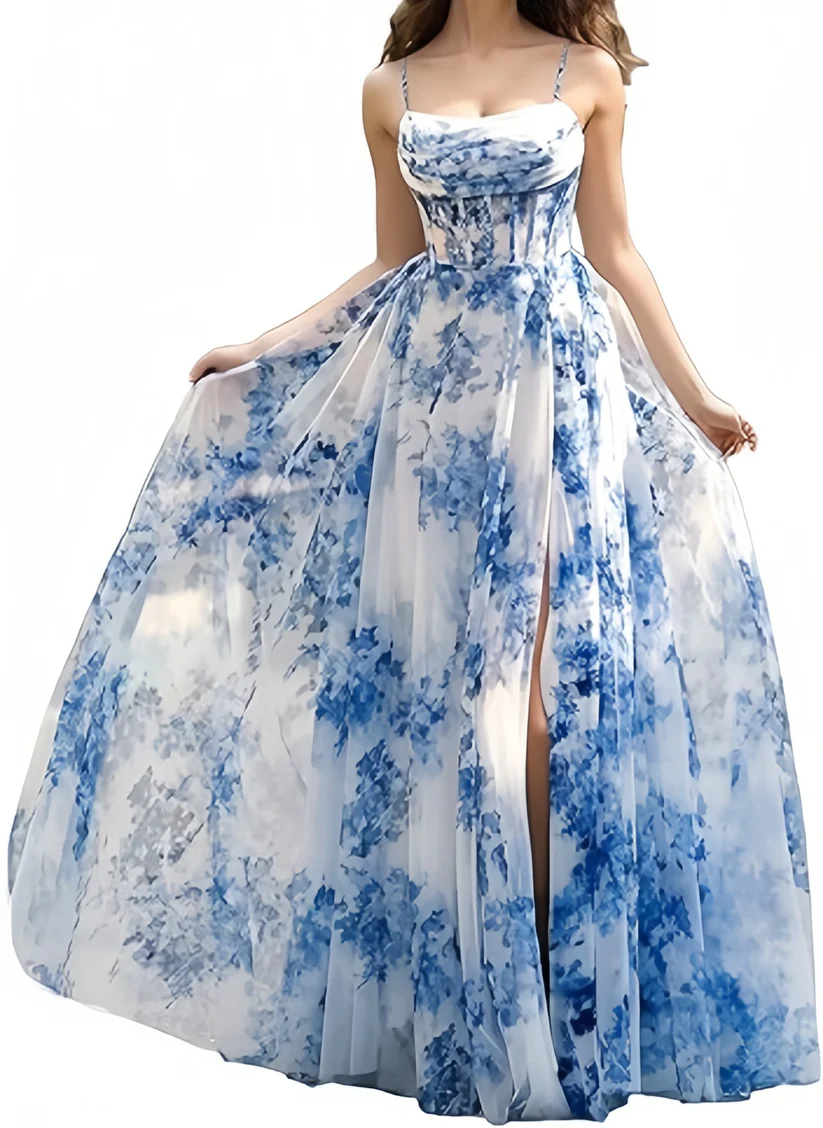 Glam Blue Chiffon Print Floral Slit Prom Dress Spaghetti Straps Evening Gown Y8277