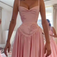 Pink Elegant A-Line Spaghetti Strap Satin Long Evening Dress Prom Dress Y7820