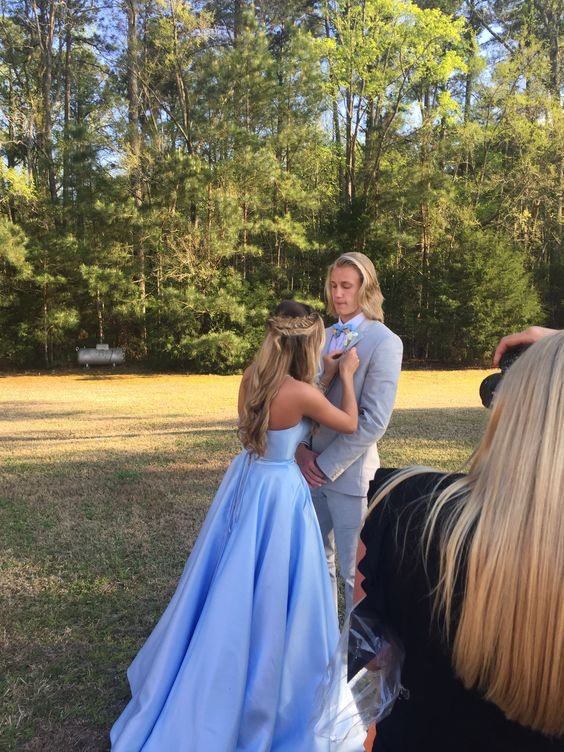 Simple A line V Neck Prom Dress With Pockets Graduation Dress