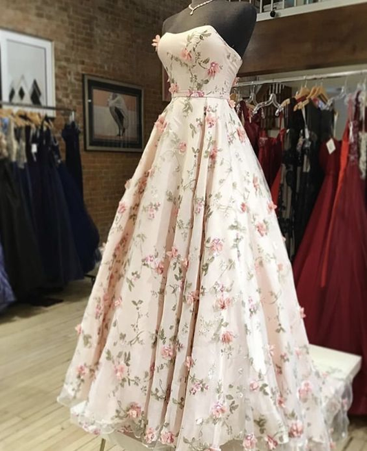 Stunning Strapless A-line Floral Prom Dress,Winter Formal Gown Y6905