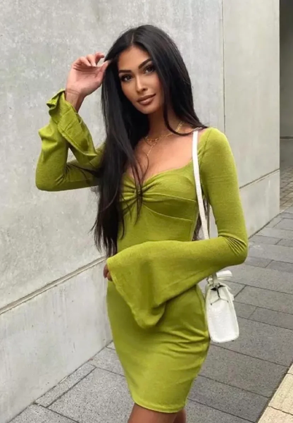 Autumn women's fashion trumpet sleeve square collar sexy low-cut body-fitting women's homecoming dress  Y2967